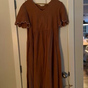 Neuflora Dakota Scallop Midi Linen Dress – Brown – Size S